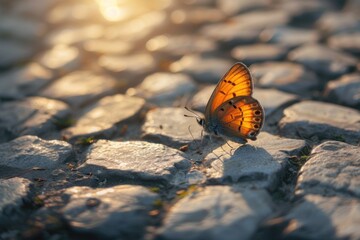 Fototapeta na wymiar Closeup of a beautiful orange butterfly perched on a textured stone surface with a softly blurred background under the warm sunlight
