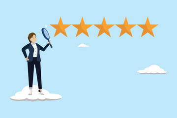 Performance review, annual employee evaluation, rating feedback, five star employee success, excellent feedback opinion concept, businesswoman reviewing five star feedback using a magnifying glass.