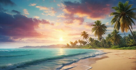 Beautiful sunrise landscape ,seascape, coastal, ocean beach, clouds, calm water. Banner. Copy space