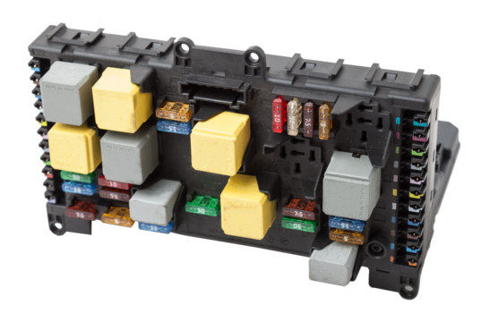Metallic car engine control unit with plastic elements soaring on a white isolated background is connecting center of various subsystems, units and assemblies. Spare part. - Powered by Adobe