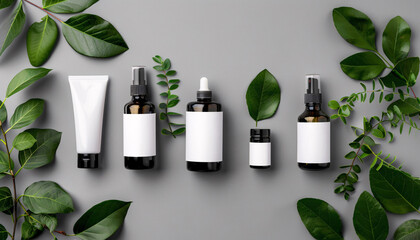 Set of SPA cosmetic containers and bottles, branding templates and green leaves. Top view shampoo bottle concept illustration - obrazy, fototapety, plakaty