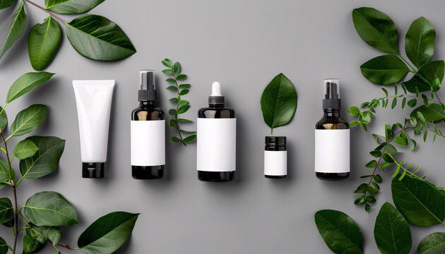 Set of SPA cosmetic containers and bottles, branding templates and green leaves. Top view shampoo bottle concept illustration