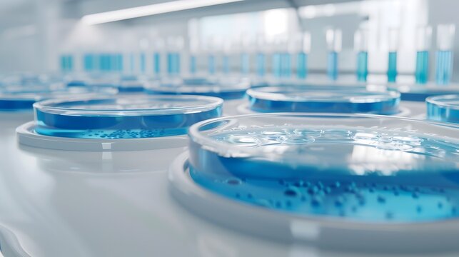 Closeup of Clear Blue Liquid Filled Petri Dishes in Modern Laboratory Setting for Scientific Research and Experiments
