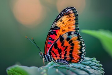 Tiger butterfly in a rare moment of rest on a leaf, vibrant orange and black wings on display.