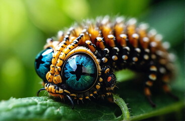 Caterpillar insect close up, macro, big eyes, 