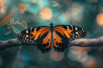 Tiger butterfly resting on a branch, vivid black and orange wings open, bokeh background.