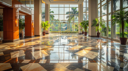 Modern luxury hotel lobby with shiny reflective marble floor, palm trees and big windows show casing the clam and relaxation for tourist - obrazy, fototapety, plakaty