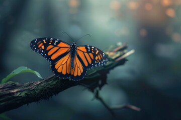 Fototapeta na wymiar Tiger butterfly resting on a branch, vivid black and orange wings open, bokeh background.