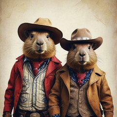 Two capybara Cowboys vintage illustration art poster. Capybara cheriff wearing in cowboy costume. portrait. Funny animals