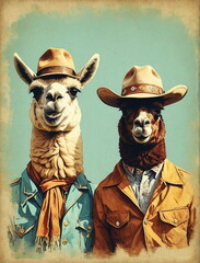 Fototapeta premium Two llama alpaca Cowboys vintage illustration art poster. Llama cheriff wearing in cowboy costume. portrait. Funny animals