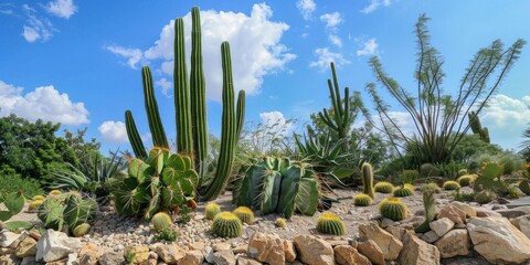Panoramic view of a desert with saguaro cacti against a backdrop of mountain range and colorful sky at dusk