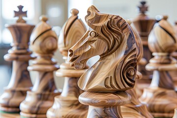 A close-up HD capture of handcrafted wooden chess pieces, each intricately carved and polished, showcasing the timeless artistry and tactile beauty.