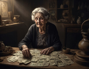 An elderly woman counts money while sitting at the table. AI generated. - obrazy, fototapety, plakaty