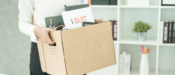 resignation, leave, quit, Stressful businesswomen will resign from the company. Female staff is...