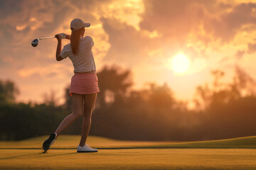 A white woman taking a driver shot on a golf course, with a skirt and hat on, the glow of the sunset