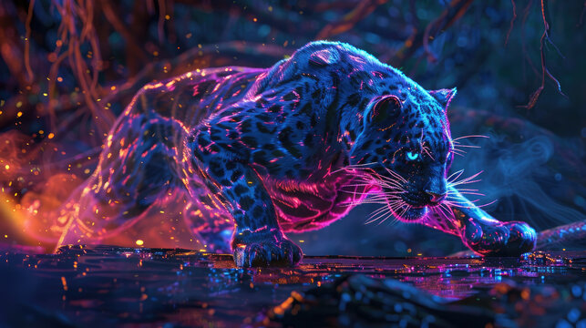 Cool, Epic, Artistic, Beautiful, and Unique Illustration of Panther Animal Cinematic Adventure Abstract 3D Wallpaper Background with Majestic Wildlife and Futuristic Design