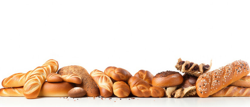 Collection of various traditional baked pastries and bread isolated on minimalist white background with empty space created with Generative AI Technology