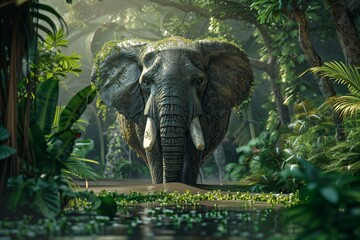 An HD photograph capturing a majestic elephant gracefully standing amidst lush greenery, its imposing presence harmonizing with the vibrant natural surroundings. 