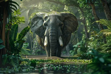 Foto op Canvas An HD photograph capturing a majestic elephant gracefully standing amidst lush greenery, its imposing presence harmonizing with the vibrant natural surroundings.  © Zaitoon