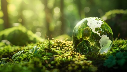 Obraz na płótnie Canvas Globe On Moss In Forest, some the little fresh trees, green world and earth day concept,half horizontal copyspace area