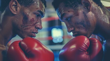 The tension in the air is palpable as two boxers lock eyes and prepare to spar. - obrazy, fototapety, plakaty