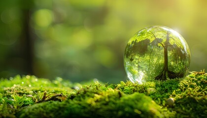 Globe On Moss In Forest, some the little fresh trees, green world and earth day concept,half...