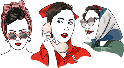 Illustration of Vintage girl 50's wearing red bandana and scarf
