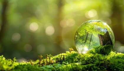 Globe On Moss In Forest, some the little fresh trees, green world and earth day concept,half horizontal copyspace area