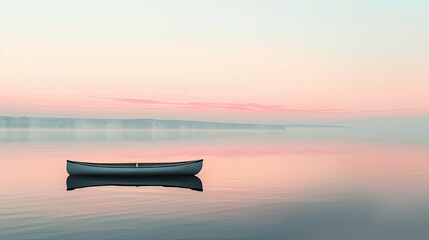 Dawn's Gentle Voyage. A solitary canoe floats on a lake, the dawn sky painting the tranquil waters with soft pink and blue.