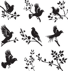 Set of Dove Birds on branch silhouettes 