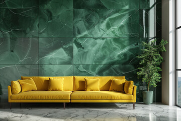 Minimalist interior design of modern living room, home. Yellow sofa against green marble paneling wall.
