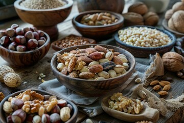 An assortment of nutritious nuts and seeds is displayed in rustic bowls on a weathered wooden shelf, evoking a natural, wholesome feel.