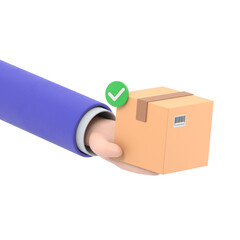 3D Hand holding parcel with check mark. Delivery of order in cardboard box. Fast delivery concept. Mail by courier. Cartoon creative design icon .Supports PNG files with transparent backgrounds.
