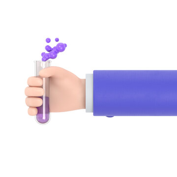 Transparent Backgrounds Mock-up. Cartoon character hand in medical glove holding test tube.Supports PNG files with transparent backgrounds.
