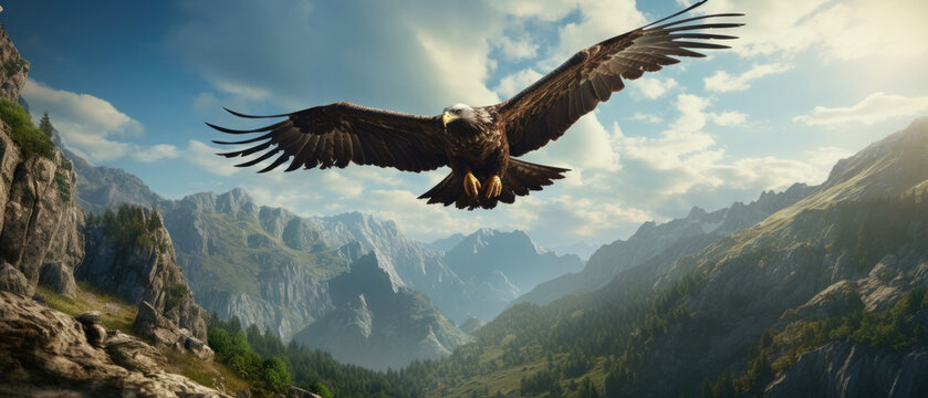 The wild eagle hawk flaps its wings soaring high above the mountains and the cloudy blue sky created with Generative AI Technology