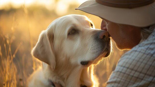 Golden retriever dog with his elderly man grandfather owner. Good friendship for many years, a dog and an old man. Love and care for pets. Happy time together on a walk