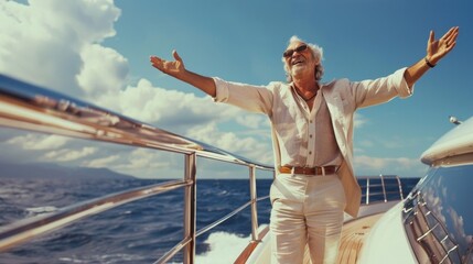 An older gentleman stands on the deck of a luxurious yacht his grey hair flying in the wind as he shouts orders to his team. His decades of experience and love for the open
