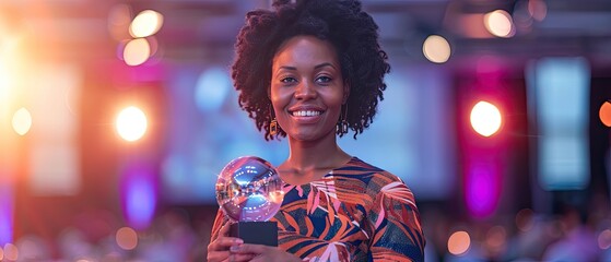 Celebrating Success: Happy Business Woman Receives Award at Corporate Event with Joy and Pride