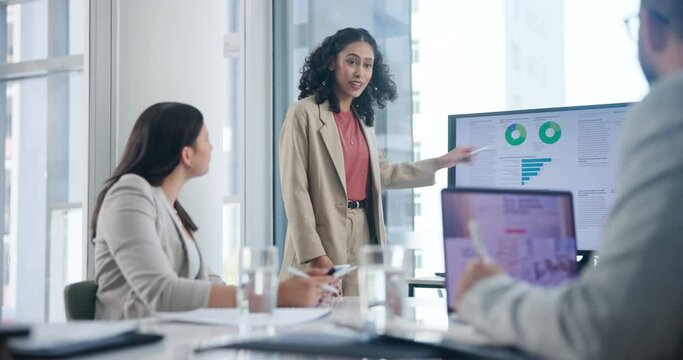 Team, laptop and office for meeting, planning and discussion with data for business. Group, computer and collaboration for presentation, creative and work at web design agency with technology