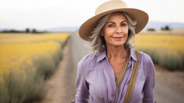 Happy Western elderly woman wearing linen clothes standing on country road lavender field rural farmhouse with bright sun created with Generative AI Technology