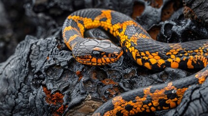 Obraz premium A s slithers through the cracks and crevices of a lava rock its vibrant scales a striking contrast against the monochromatic backdrop.