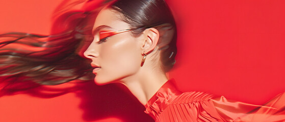 Female Model In Red Dress with Red Abstract Background