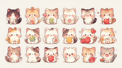 Obraz premium A collection of cute cartoon kittens with various fur patterns and charming expressions, perfect illustrations on white background