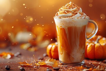 A mug of spicy pumpkin latte with whipped cream. A cup of pumpkin coffee on the  pastel yellow orange background. Autumn winter seasonal coffee drink with pumpkin and cinnamon.