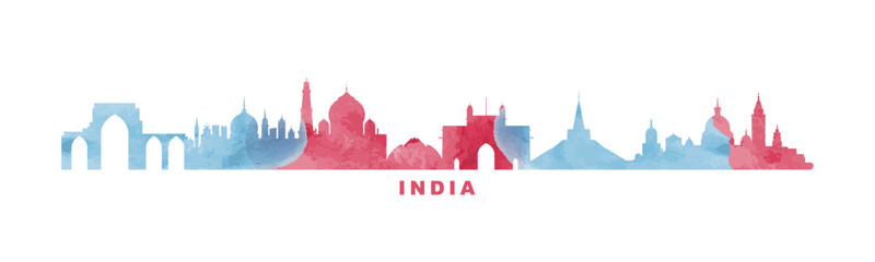 India country watercolor skyline with cities panorama. Vector flat banner, logo. Mumbai, New Delhi, Kolkata, Bangalore megapolis silhouette for footer, steamer, header. Isolated graphic