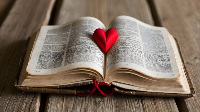 Bible on table with pages folded into heart shape
