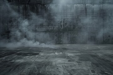 A brooding, smog-filled scene with a stark concrete floor, creating a setting for dramatic and intense narratives. - obrazy, fototapety, plakaty