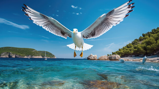 white seagull flying flapping its wings in sunny day with clear blue sea and island background created with Generative AI Technology