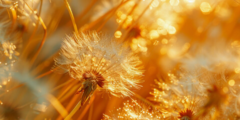 Close-up of delicate dandelion seed heads glowing in a golden light