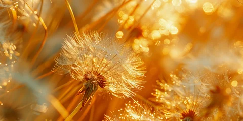 Foto op Plexiglas Close-up of delicate dandelion seed heads glowing in a golden light © smth.design